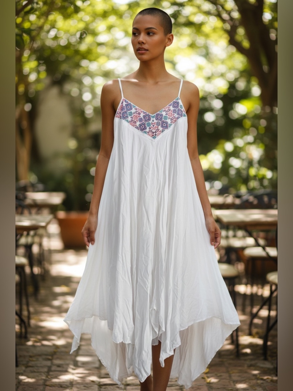 West 36•White Embroidered V-Neck Boho Dress